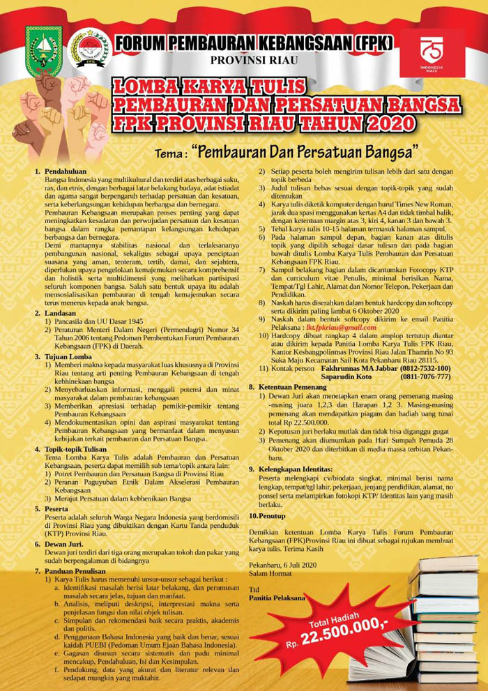 FPK Riau Gelar Lomba Karya Tulis Pembauran dan Persatuan Bangsa, Berhadiah Total Rp22,5 Juta